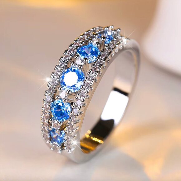 NEW 14k White Gold Blue Topaz Diamond Ring Band - Picture 2 of 4